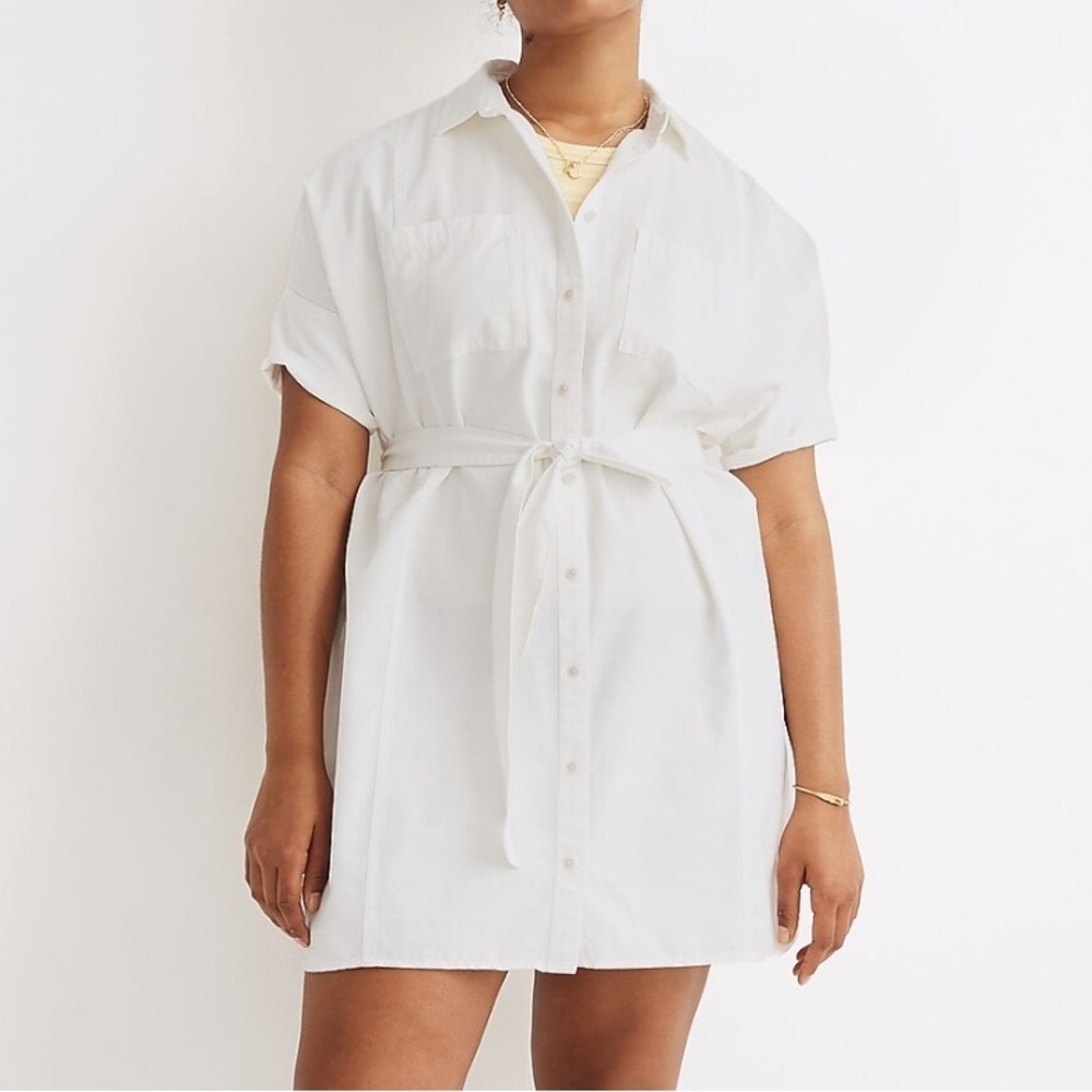 Madewell Seamed Courier Tie Waist Button-Down White Denim Mini Shirt Dress